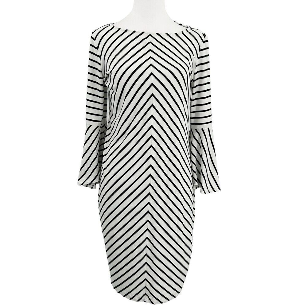 Chico’s Women's White Black Stripe Bell Sleeve Midi Dress Size 1 M/8